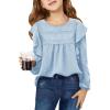 Haloumoning Girls Long Sleeve Shirts Cute Tops Crewneck Ruffle Swiss Dot Blouses for Kids 4-14 Years(Blue)