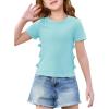 Haloumoning Girls Short Sleeve Shirts Kids Summer Casual Side Bow Knit Tops Tees 5-14 Years(Blue)