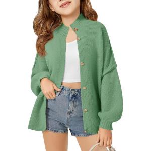 Haloumoning Girls Button Down Cardigan Mock Neck Lantern Long Sleeve Sweater Chunky Knit Outerwear Jacket 5-14Y(Green)