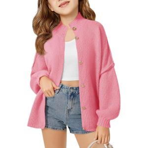 Haloumoning Girls Button Down Cardigan Mock Neck Lantern Long Sleeve Sweater Chunky Knit Outerwear Jacket 5-14Y(Pink)