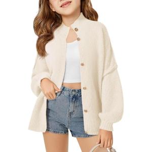 Haloumoning Girls Button Down Cardigan Mock Neck Lantern Long Sleeve Sweater Chunky Knit Outerwear Jacket 5-14Y(White)