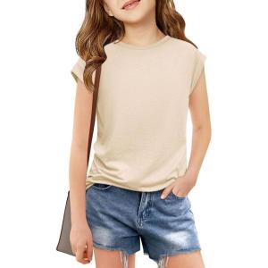 Haloumoning Girls Cap Sleeve T Shirts Kids Summer Crewneck Solid Tops Tees 5-14 Years(Beige)