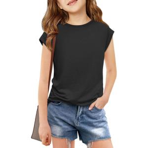Haloumoning Girls Cap Sleeve T Shirts Kids Summer Crewneck Solid Tops Tees 5-14 Years(Black)