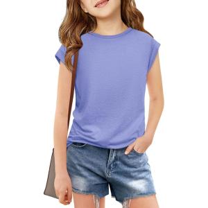 Haloumoning Girls Cap Sleeve T Shirts Kids Summer Crewneck Solid Tops Tees 5-14 Years(Blue Purple)