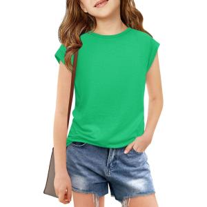 Haloumoning Girls Cap Sleeve T Shirts Kids Summer Crewneck Solid Tops Tees 5-14 Years(Green)
