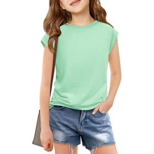 Haloumoning Girls Cap Sleeve T Shirts Kids Summer Crewneck Solid Tops Tees 5-14 Years(Light Green)