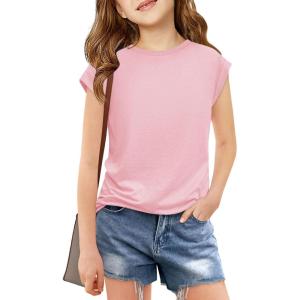 Haloumoning Girls Cap Sleeve T Shirts Kids Summer Crewneck Solid Tops Tees 5-14 Years(Pink)