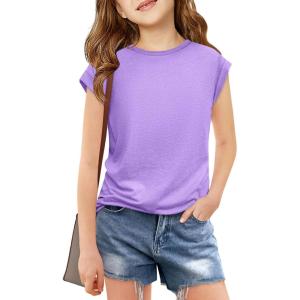 Haloumoning Girls Cap Sleeve T Shirts Kids Summer Crewneck Solid Tops Tees 5-14 Years(Purple)