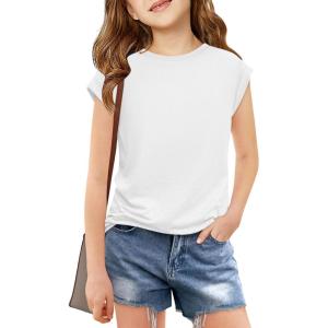 Haloumoning Girls Cap Sleeve T Shirts Kids Summer Crewneck Solid Tops Tees 5-14 Years(White)