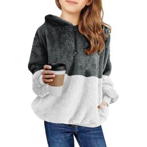Haloumoning Girls Fuzzy Fleece Pullover Hoodies Sweatshirt Casual Loose Outwear Coat with Pockets 4-15 Years(A-dark Grey)