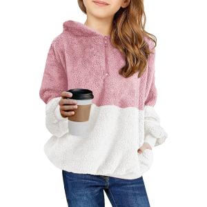 Haloumoning Girls Fuzzy Fleece Pullover Hoodies Sweatshirt Casual Loose Outwear Coat with Pockets 4-15 Years(A-dark Pink)