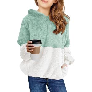 Haloumoning Girls Fuzzy Fleece Pullover Hoodies Sweatshirt Casual Loose Outwear Coat with Pockets 4-15 Years(A-green)