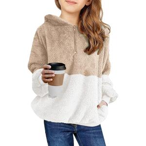 Haloumoning Girls Fuzzy Fleece Pullover Hoodies Sweatshirt Casual Loose Outwear Coat with Pockets 4-15 Years(A-khaki)