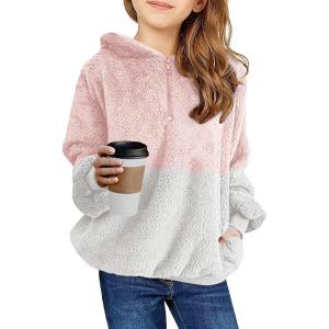 Haloumoning Girls Fuzzy Fleece Pullover Hoodies Sweatshirt Casual Loose Outwear Coat with Pockets 4-15 Years(A-pink)