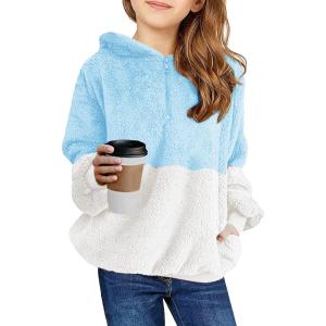 Haloumoning Girls Fuzzy Fleece Pullover Hoodies Sweatshirt Casual Loose Outwear Coat with Pockets 4-15 Years(A-sky Blue)