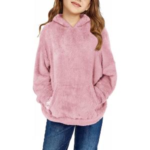 Haloumoning Girls Fuzzy Fleece Pullover Hoodies Sweatshirt Casual Loose Outwear Coat with Pockets 4-15 Years(C-dark Pink)