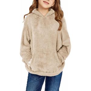 Haloumoning Girls Fuzzy Fleece Pullover Hoodies Sweatshirt Casual Loose Outwear Coat with Pockets 4-15 Years(C-khaki)