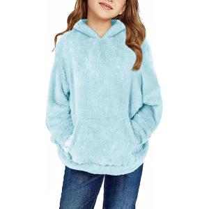 Haloumoning Girls Fuzzy Fleece Pullover Hoodies Sweatshirt Casual Loose Outwear Coat with Pockets 4-15 Years(C-sky Blue)