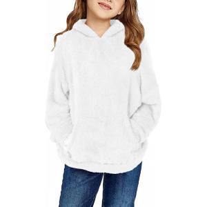 Haloumoning Girls Fuzzy Fleece Pullover Hoodies Sweatshirt Casual Loose Outwear Coat with Pockets 4-15 Years(C-white)