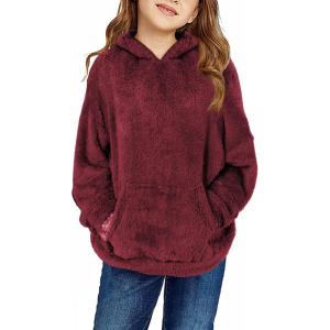 Haloumoning Girls Fuzzy Fleece Pullover Hoodies Sweatshirt Casual Loose Outwear Coat with Pockets 4-15 Years(C-wine Red)