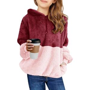 Haloumoning Girls Fuzzy Fleece Pullover Hoodies Sweatshirt Casual Loose Outwear Coat with Pockets 4-15 Years(Red&pink)