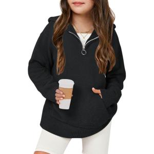 Haloumoning Girls Fuzzy Hoodies Kids Sherpa Quarter Zip Hooded Sweatshirts with Pocket 5-14 Years(Black)