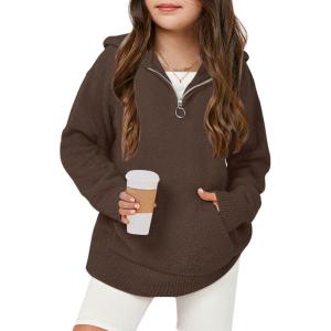 Haloumoning Girls Fuzzy Hoodies Kids Sherpa Quarter Zip Hooded Sweatshirts with Pocket 5-14 Years(Coffee)