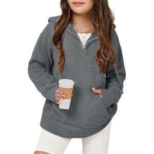 Haloumoning Girls Fuzzy Hoodies Kids Sherpa Quarter Zip Hooded Sweatshirts with Pocket 5-14 Years(Grey)