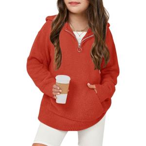 Haloumoning Girls Fuzzy Hoodies Kids Sherpa Quarter Zip Hooded Sweatshirts with Pocket 5-14 Years(Red)