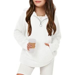 Haloumoning Girls Fuzzy Hoodies Kids Sherpa Quarter Zip Hooded Sweatshirts with Pocket 5-14 Years(White)