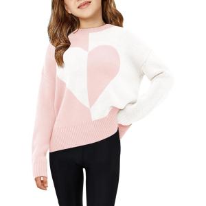 Haloumoning Girls Heart Sweater Kids Cute Color Block Knit Sweaters 7-14 Years(Light Pink)