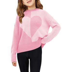 Haloumoning Girls Heart Sweater Kids Cute Color Block Knit Sweaters 7-14 Years(Pink)