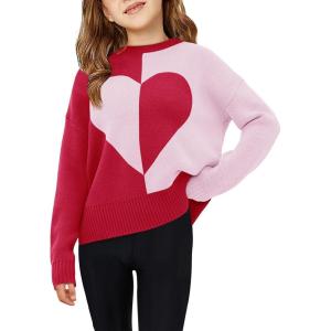 Haloumoning Girls Heart Sweater Kids Cute Color Block Knit Sweaters 7-14 Years(Red Pink)