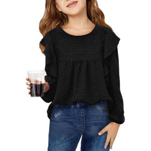 Haloumoning Girls Long Sleeve Shirts Cute Tops Crewneck Ruffle Swiss Dot Blouses for Kids 4-14 Years(Black)