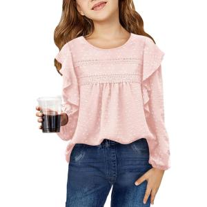 Haloumoning Girls Long Sleeve Shirts Cute Tops Crewneck Ruffle Swiss Dot Blouses for Kids 4-14 Years(Pink)