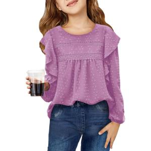 Haloumoning Girls Long Sleeve Shirts Cute Tops Crewneck Ruffle Swiss Dot Blouses for Kids 4-14 Years(Purple)
