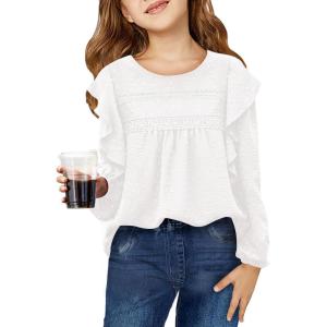 Haloumoning Girls Long Sleeve Shirts Cute Tops Crewneck Ruffle Swiss Dot Blouses for Kids 4-14 Years(White)