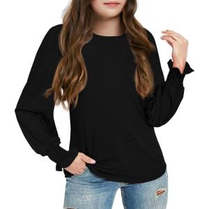Haloumoning Girls Long Sleeve Shirts Kids Fashion Crew Neck Tunic Tops Blouse 5-14 Years(Black)
