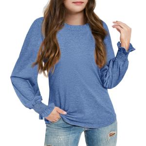 Haloumoning Girls Long Sleeve Shirts Kids Fashion Crew Neck Tunic Tops Blouse 5-14 Years(Blue)