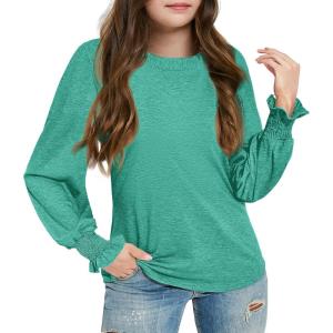Haloumoning Girls Long Sleeve Shirts Kids Fashion Crew Neck Tunic Tops Blouse 5-14 Years(Green)