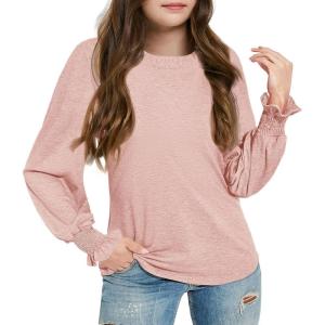 Haloumoning Girls Long Sleeve Shirts Kids Fashion Crew Neck Tunic Tops Blouse 5-14 Years(Pink)