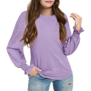 Haloumoning Girls Long Sleeve Shirts Kids Fashion Crew Neck Tunic Tops Blouse 5-14 Years(Purple)