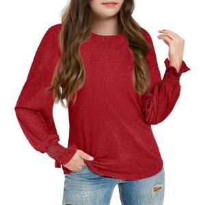 Haloumoning Girls Long Sleeve Shirts Kids Fashion Crew Neck Tunic Tops Blouse 5-14 Years(Red)