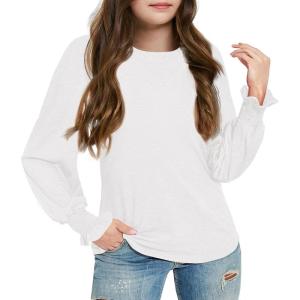 Haloumoning Girls Long Sleeve Shirts Kids Fashion Crew Neck Tunic Tops Blouse 5-14 Years(White)