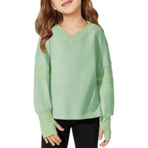 Haloumoning Girls Oversized Long Sleeve T Shirts Kids Casual V Neck Cute Tops Basic Tees with Thumb Holes 4-14Y(Light Green)