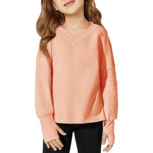 Haloumoning Girls Oversized Long Sleeve T Shirts Kids Casual V Neck Cute Tops Basic Tees with Thumb Holes 4-14Y(Orange)