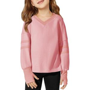 Haloumoning Girls Oversized Long Sleeve T Shirts Kids Casual V Neck Cute Tops Basic Tees with Thumb Holes 4-14Y(Pink)