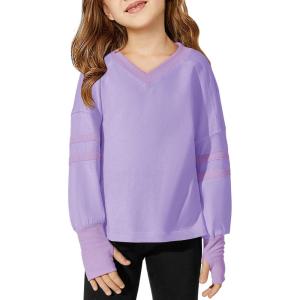 Haloumoning Girls Oversized Long Sleeve T Shirts Kids Casual V Neck Cute Tops Basic Tees with Thumb Holes 4-14Y(Purple)