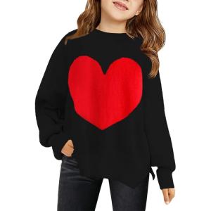 Haloumoning Girls Oversized Sweaters Kids Fashion Heart Batwing Sleeve Ribbed Knit Side Slit Pullover Tops(Black)