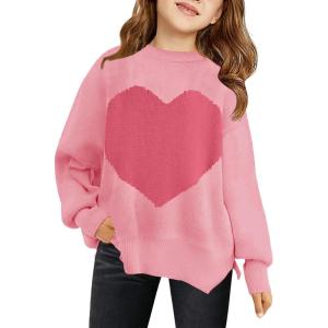 Haloumoning Girls Oversized Sweaters Kids Fashion Heart Batwing Sleeve Ribbed Knit Side Slit Pullover Tops(Pink)
